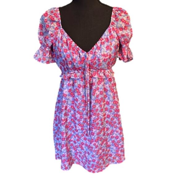 Wednesday's Girl Ruched Bust Mini Tea Dress | Purple Pink Floral | Size S - Picture 1 of 9